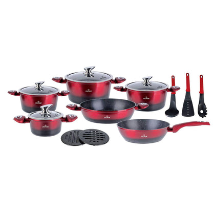 Pannenset – Kookset – Pannen Set – Koekenpannen – Potten en Pannen – Inductie Geschikt – Keramische Antiaanbaklaag – Rood – 15-delig