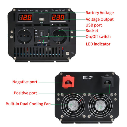 Power Inverter – Spanningsomzetter – Omvormer – DC naar AC Converter – 12V Variant – Pure Sinusgolf – 3000W Continuvermogen – 2 AC Stopcontacten – LED Display – Metalen Behuizing
