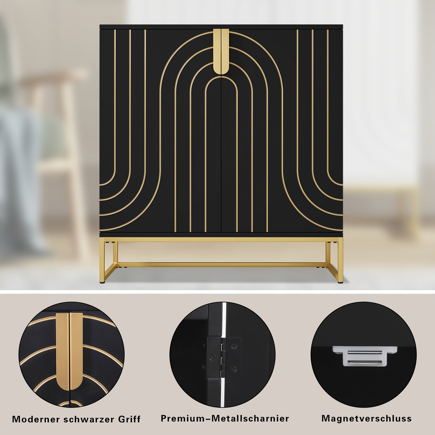 Dressoir – Ladekast – Opbergkast – Buffetkast – Kast – Modern – Hoogwaardig Hout – Gouden Metalen Poten – 2 Deuren – 3,2+ Kubieke Voet Opbergruimte – Zwart Turquoise