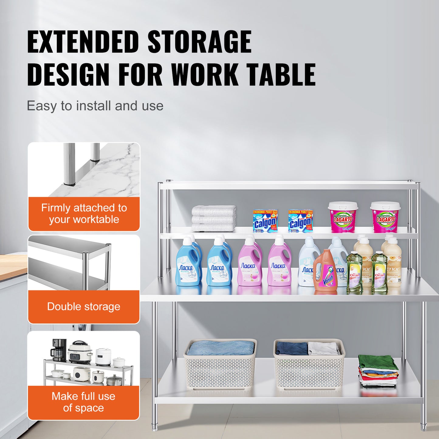 Keukenkastrek – Keukenkast Organizer – Werktafel Opzetrek – RVS Opbergrek – Dubbele Verstelbare Planken – 183x61 cm Hoogwaardige Roestvrijstalen Constructie