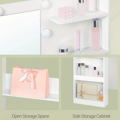 Dressing Table with Large HD Mirror, Dressing Table with LED Light, Dressing Table with 6 Open Compartments, 5 Drawers And Side Open Storage, Bedroom Room, Simple, White, Dressing Mirror with Storage, Dressing Mirror with LED
