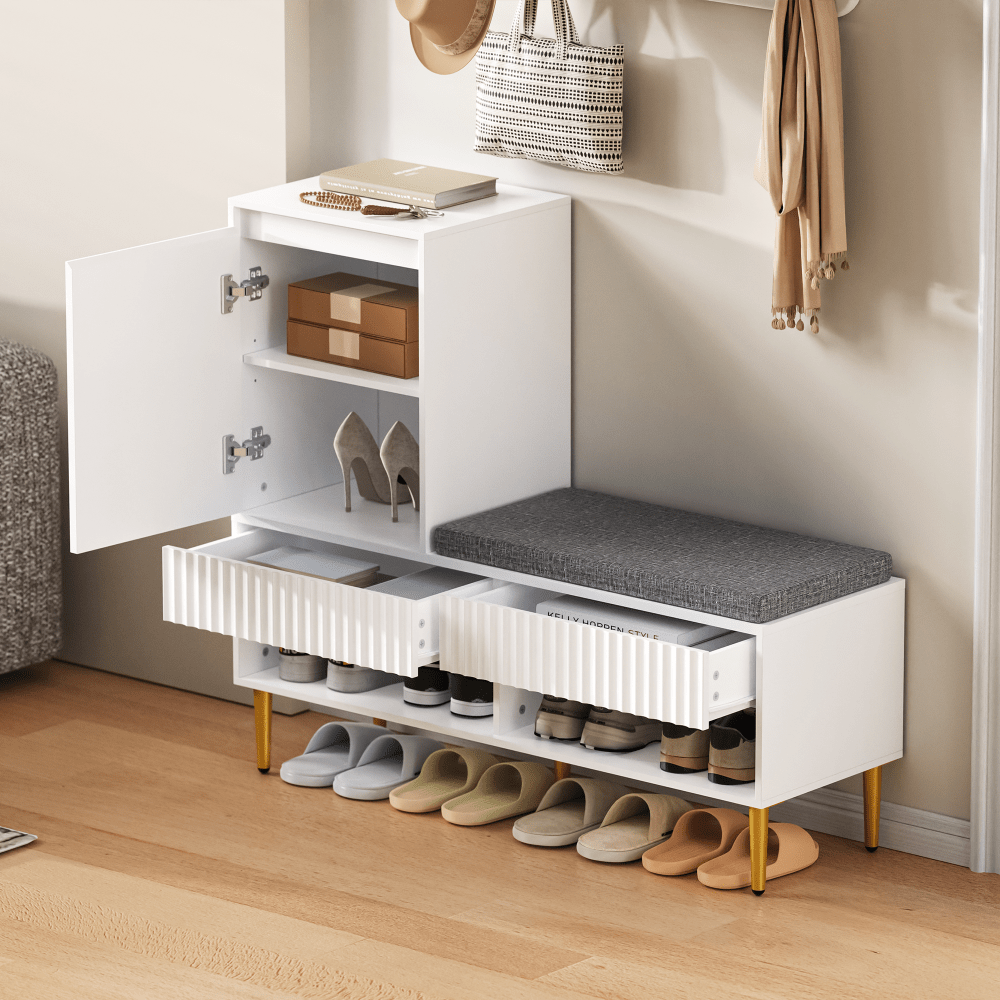 Schoenenkast – Schoenrek – Schoenenopberger – Halmeubel – Zitbank – Modern Wit – 1 Deur en 2 Lades – Compact en Ruimtebesparend 100x35x90 cm