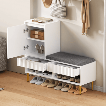 Schoenenkast – Schoenrek – Schoenenopberger – Halmeubel – Zitbank – Modern Wit – 1 Deur en 2 Lades – Compact en Ruimtebesparend 100x35x90 cm