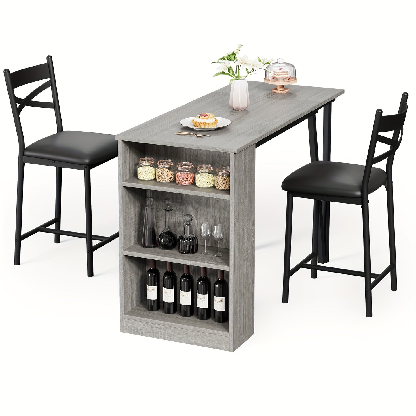 Eettafelset Uitklapbaar – 2-Persoons Tafel met Stoelen – Uitbreidbare Keukentafel – Compacte Ontbijttafel – Opbergrek Eettafel – Hardhout-achtig Materiaal – Ruimtebesparende Flip-Top Extensie - Grijs