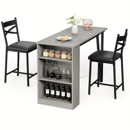 Eettafelset Uitklapbaar – 2-Persoons Tafel met Stoelen – Uitbreidbare Keukentafel – Compacte Ontbijttafel – Opbergrek Eettafel – Hardhout-achtig Materiaal – Ruimtebesparende Flip-Top Extensie - Grijs