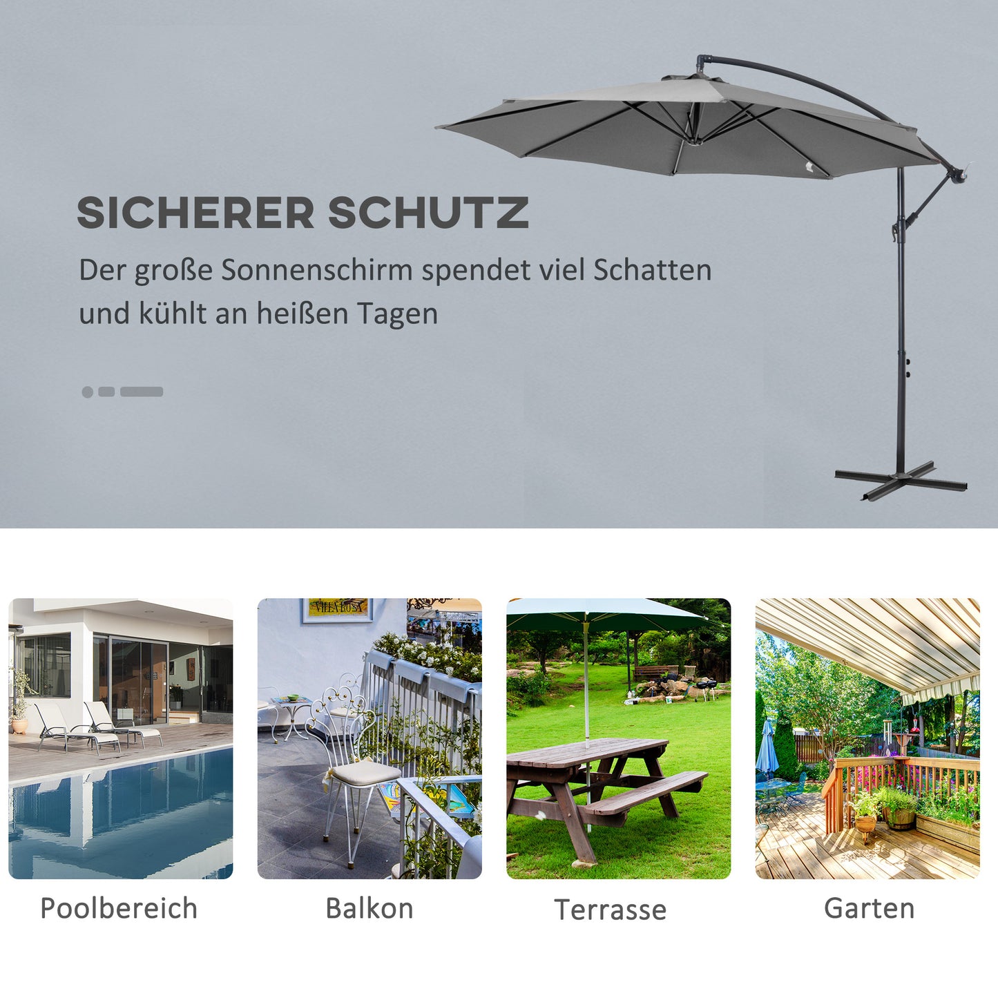 Parasol – Tuinparasol – Balkonparasol – Terrasparasol – Strandparasol – Stevig Stalen Frame – Handkurk Openen – Grijs Ø 2,95 m