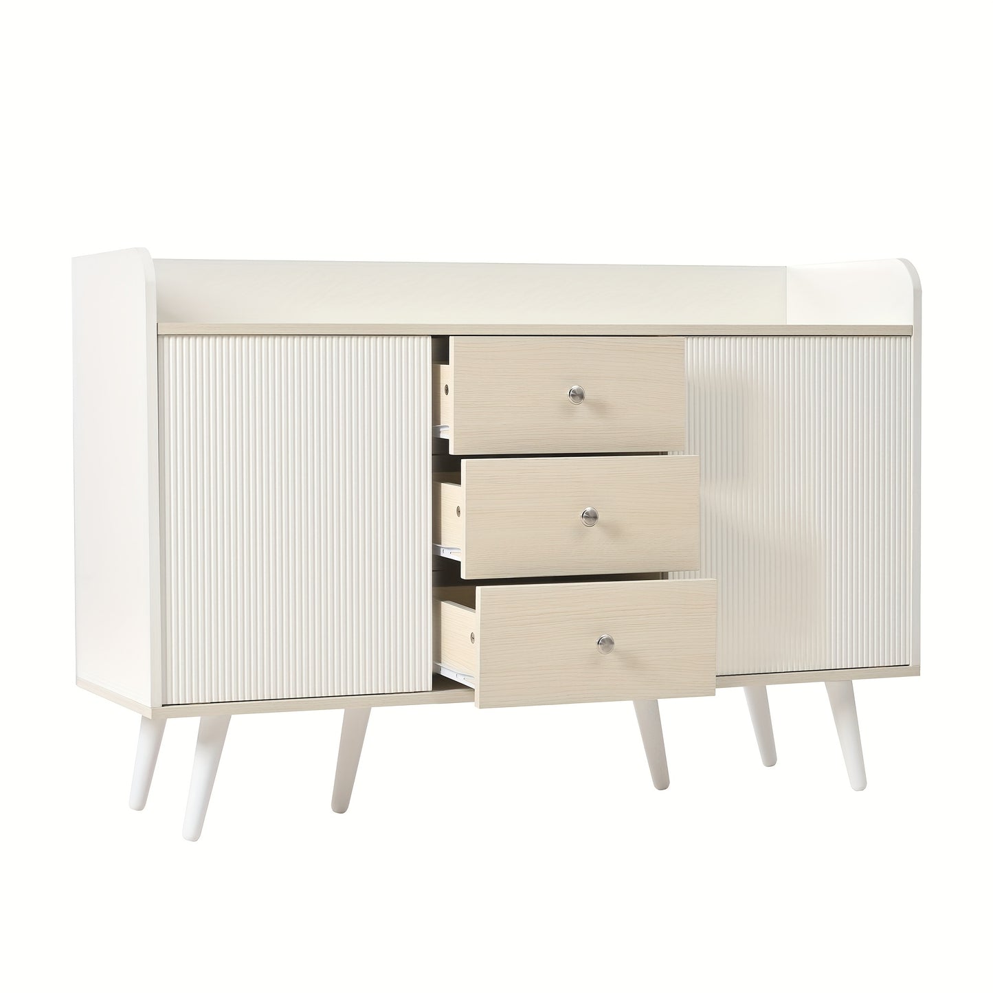 Modern Metal Sideboard Cabinet - Beige/White Storage Organizer with 3 Drawers, Minimalist Living Room & Bedroom Furniture, No Assembly Required, Easy-Clean Surface - Model L117.5cm, Slim Storage Cabinet, Spacesaving Furniture