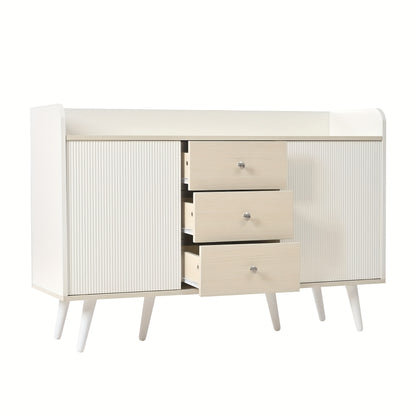 Modern Metal Sideboard Cabinet - Beige/White Storage Organizer with 3 Drawers, Minimalist Living Room & Bedroom Furniture, No Assembly Required, Easy-Clean Surface - Model L117.5cm, Slim Storage Cabinet, Spacesaving Furniture