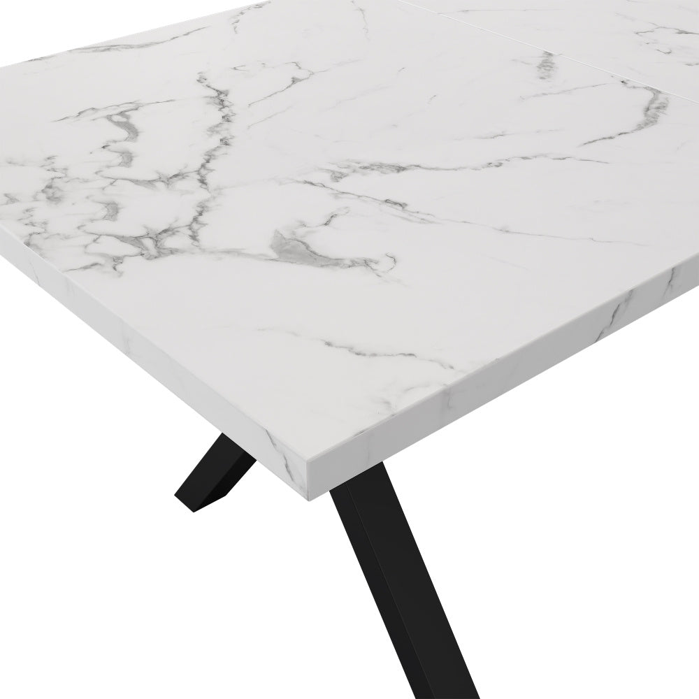 Uitbreekbare Eettafel – Uitklapbare Tafel – Verlengbare Tafel – Woonkamer Tafel – Keuken Tafel – Marmerlook Blad – Zwarte Metalen Poten – 140x80x76 cm – Wit MDF