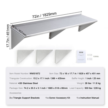 Roestvrijstalen Wandrek – Wandplank – Keukenrek – Opbergrek – Muurrek – 180 cm Breed – Draagvermogen 227 kg – Roestvrij Staal – Geborstelde Afwerking
