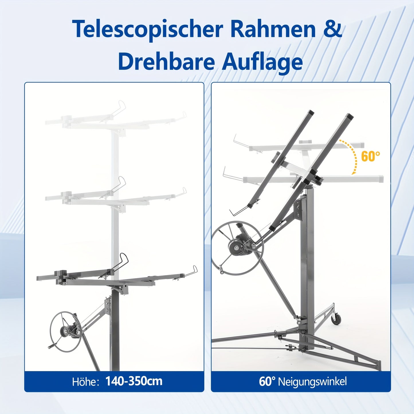 Heavy-Duty Drywall Lift with 150 lbs Load Capacity (68kg) - Adjustable Height 140-335cm & 60° Tilt, Foldable Drywall Panel Hoist with 3 Braked Wheels for Ceiling Installation, & Renovation - Compatible with Drywall Panels &