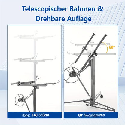 Heavy-Duty Drywall Lift with 150 lbs Load Capacity (68kg) - Adjustable Height 140-335cm & 60° Tilt, Foldable Drywall Panel Hoist with 3 Braked Wheels for Ceiling Installation, & Renovation - Compatible with Drywall Panels &