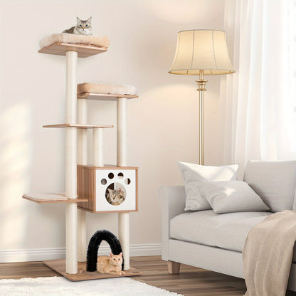 Krabpaal – Kattenkrabpaal – Kattenboom – Kattenhuis – Kattenmeubel – 6 Niveaus – Beige Houten Krabpaal Met Condo