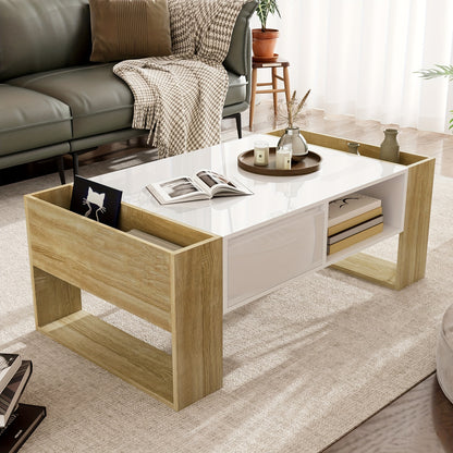 Salontafel – Koffietafel – Tafel – Woonkamertafel – Modern – Hout + Wit – Hoogglans Afwerking – 105x60x40 cm – Met Lades en Open Vakken