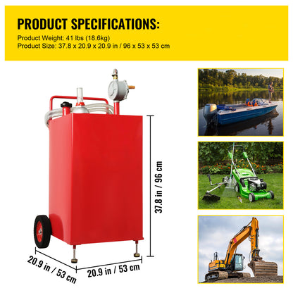 VEVOR Fuel Caddy 30 Gallon Fuel Storage Tank with 2 Wheels and Manual Pump, Red