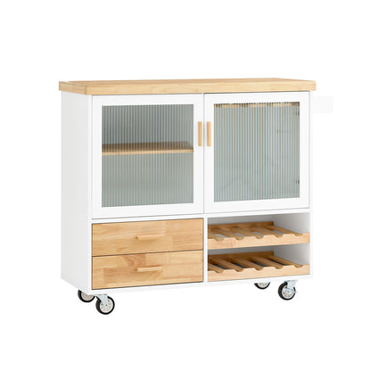 Mobile Kitchen Cart with Wooden Worktop - Central Island Kitchen Furniture for Dining Room, Green and Natural Storage Kitchen Cabinet, 109 × 40 × 92 cm, FKW114-GR, SoBuy