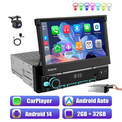 Autoradio – Multimedia Speler – Car Stereo – Auto Radio – 1 DIN – 7-Inch IPS Flip-Out Touchscreen – Draadloze CarPlay & Android Auto – AHD Achteruitrijcamera Met Microfoon – 2GB+32GB Android 14