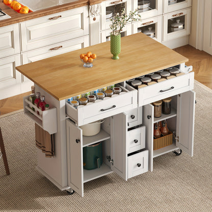 Multifunctional Kitchen Trolley with Folding Worktop, 120 X 65cm, Extendable, with 5 Drawers, Cupboards, Spice And Towel Racks, On Castors - Kitchen Island for Kitchen, Dining Room And Living Room, Storage Drawer Units