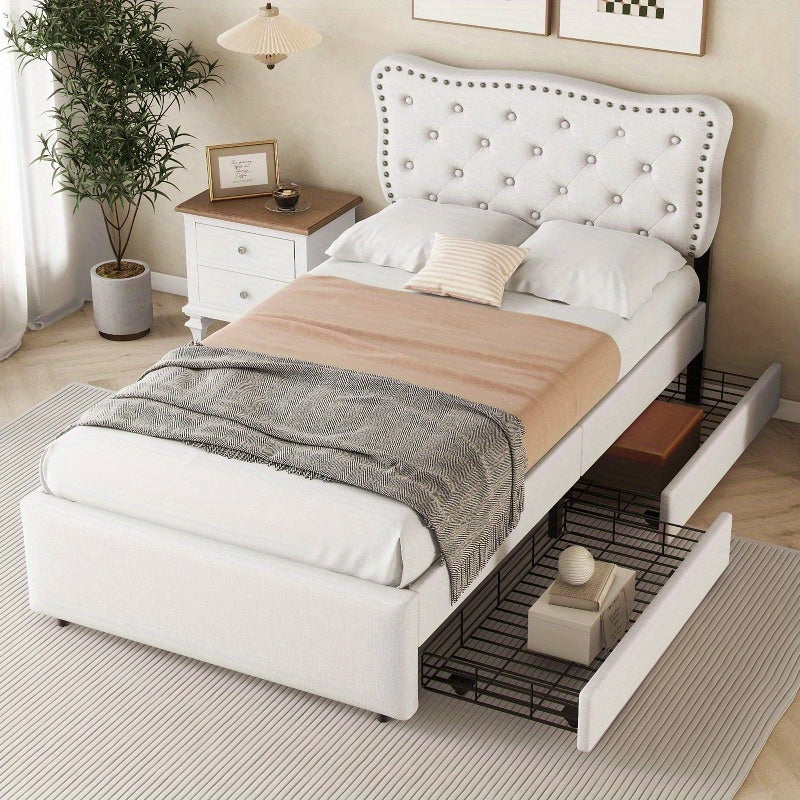 Gepolsterd Bed – Eénpersoonsbed – Slaapbed – Bedframe – Boxspring – Lichtbeige – 90x200 cm – Decoratieve Nagels – Dubbele Lade-opslag