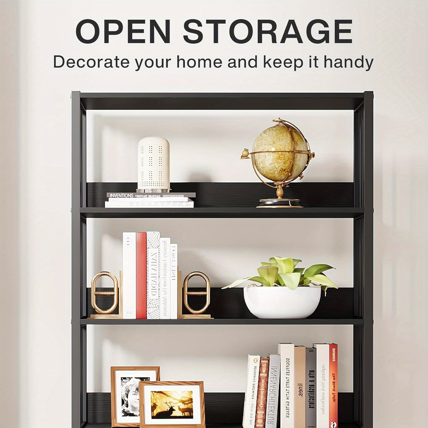 6-Lagens Boekenkast – Open Boekrek – Boekenplank – Opbergkast – Hoekboekenkast – Stijlvol Zwart Metaal & Hout – Draagkracht 136 kg – Ruimtebesparend Modern Design