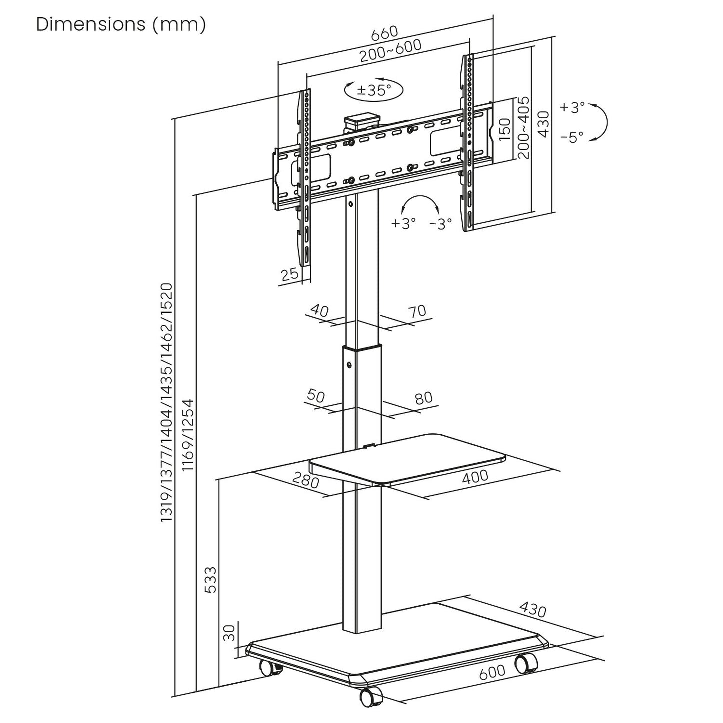 Tv meubel – Tv kast – Tv dressoir – Tv steun – Tv standaard – Mobiel verrijdbaar – Geschikt voor 37-75 inch – Draagvermogen 50 kg – Met plank en geïntegreerde stroomvoorziening