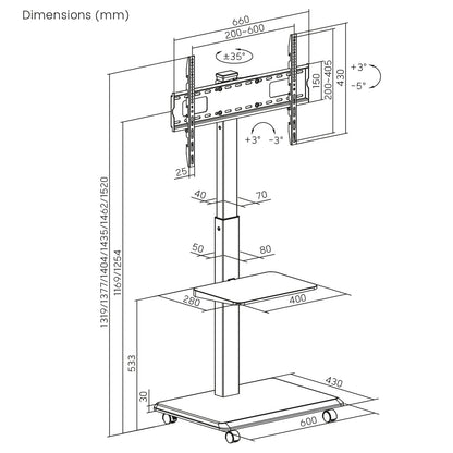 Tv meubel – Tv kast – Tv dressoir – Tv steun – Tv standaard – Mobiel verrijdbaar – Geschikt voor 37-75 inch – Draagvermogen 50 kg – Met plank en geïntegreerde stroomvoorziening