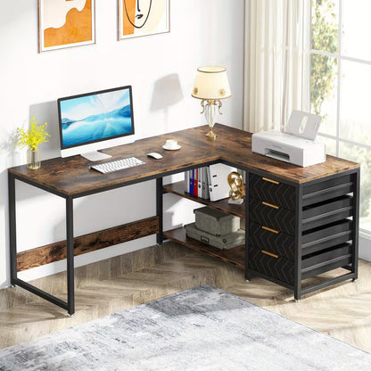 L-vormig bureau – Computerbureau – Hoekbureau – Werkplek bureau – Bureau met laden – Bruin – Ruim 150 cm werkoppervlak – Duurzaam vezelplaatmateriaal