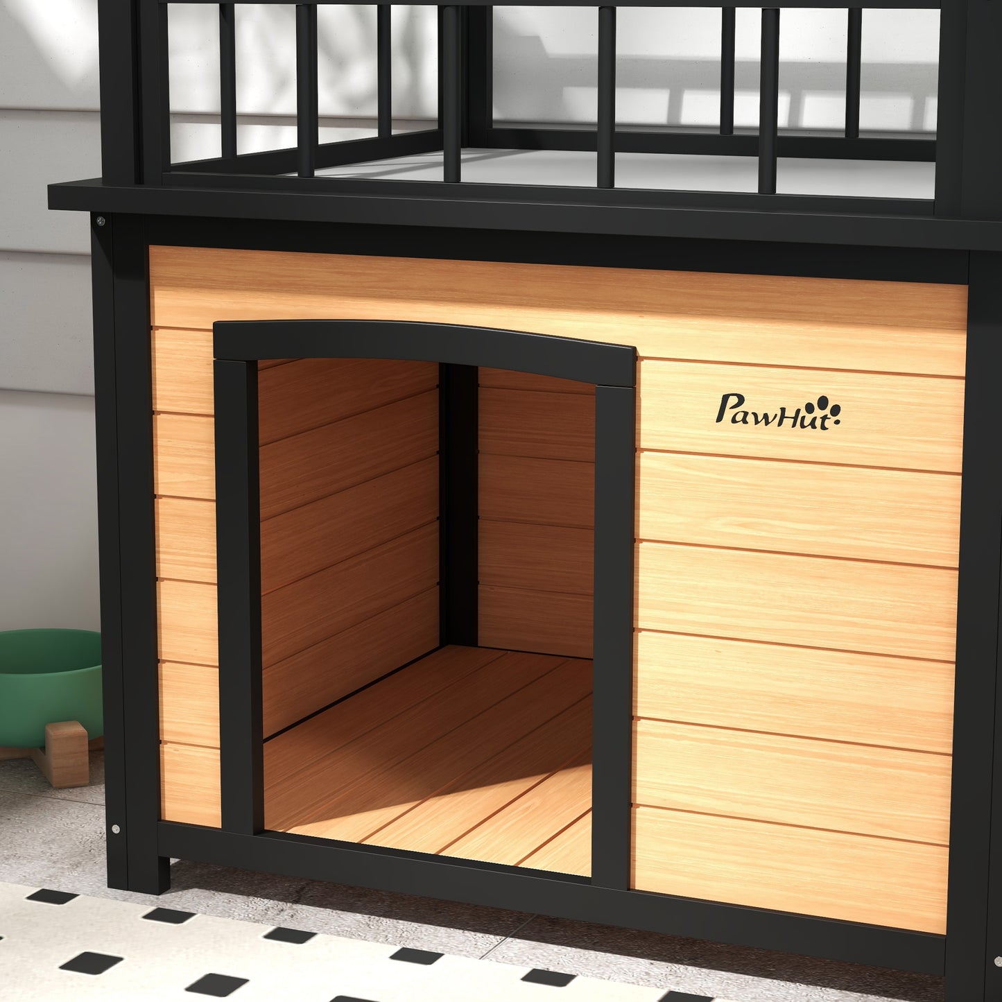 Hondenhok – Hondenhuis – Hondenkennel – Buitenhok – Hondenverblijf – Weerbestendig Hout – Met Dakterras 121x77x78 cm – Zwart/Geel