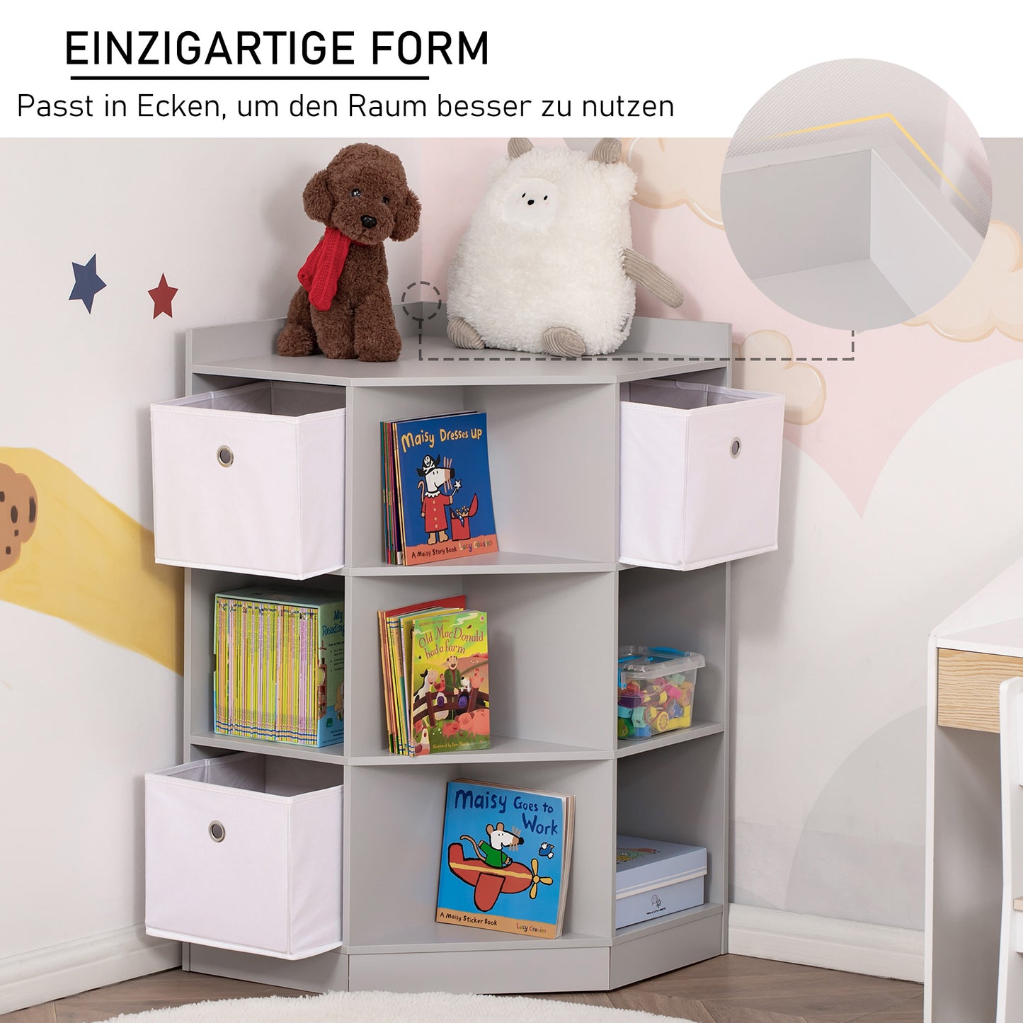 Kids' Storage Shelf with 3 Felt Drawers, MDF, Tilt-Proof, Gray