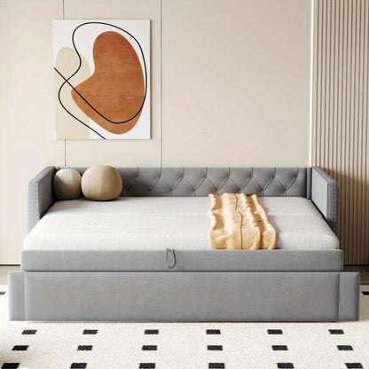 Bedbank – Slaapbank – Uitschuifbed – Logeerbed – Multifunctioneel Bed – Gestoffeerd Fluweel – 90x200 cm – Huidvriendelijk & Stevig Metalen Frame - Grijs