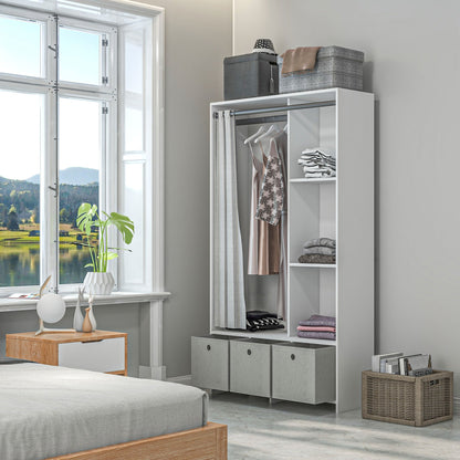Kledingkast – Garderobekast – Opbergkast – Kleerkast – Kast Met Gordijn – Ruime Hangplek 117,5 cm – 3 Uitneembare Stoffen Lades – Wit – 105x48x160 cm