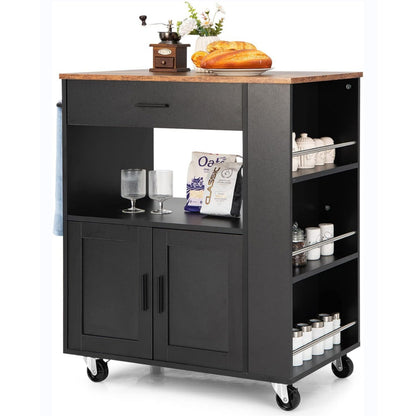 Keukenwagen – Keukentrolley – Serveerwagen – Keukeneiland – Opbergwagen – MDF Hout – 80x46x92 cm – Mobiel met 4 Wielen en 3 Kruidenrekken - Zwart