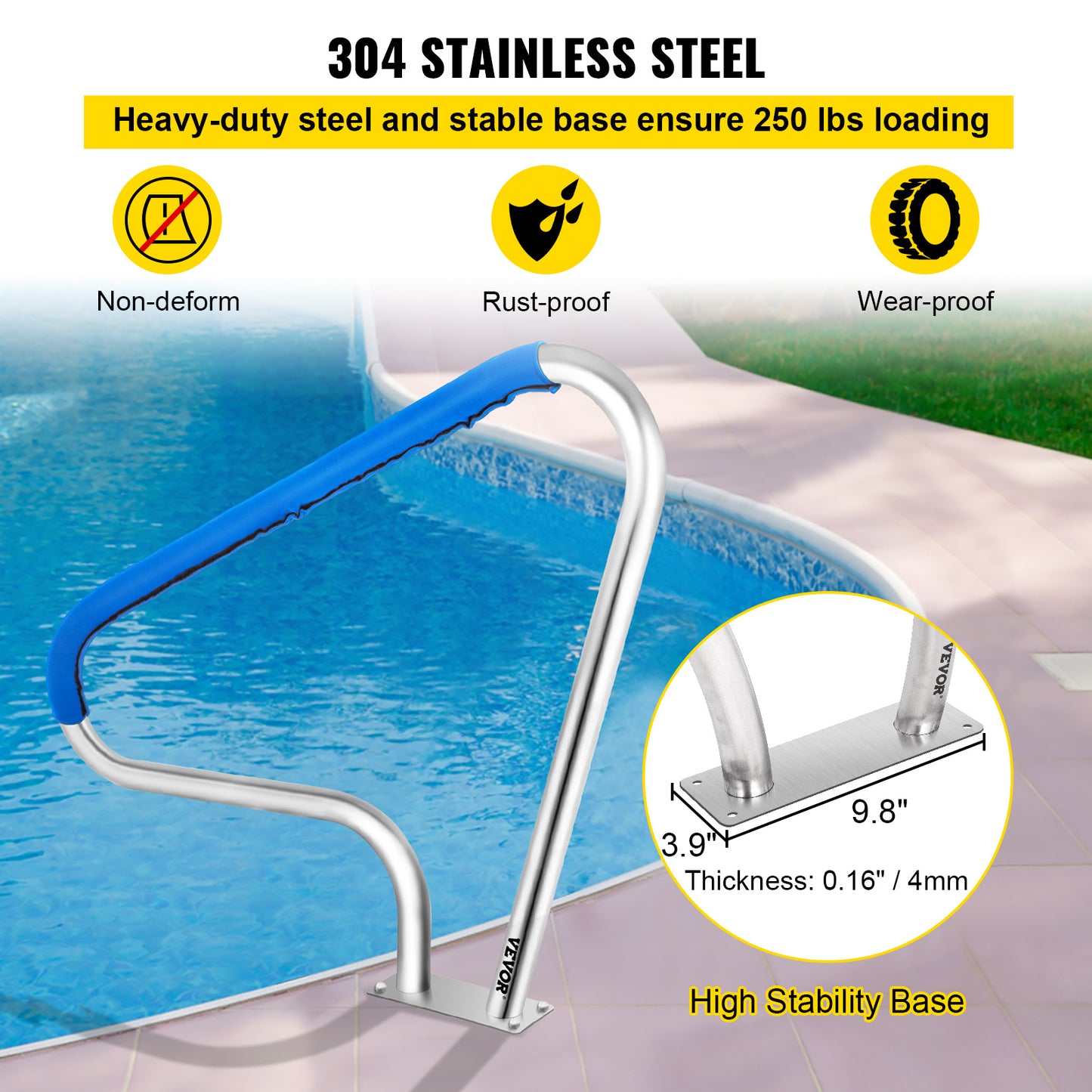 Poolleuning – Zwembadleuning – Zwembadbeugel – Zwembadhandgreep – Veiligheidshandgreep – 121,9x91,5 cm – Roestvrij Staal & Comfortabele Nylon Grip