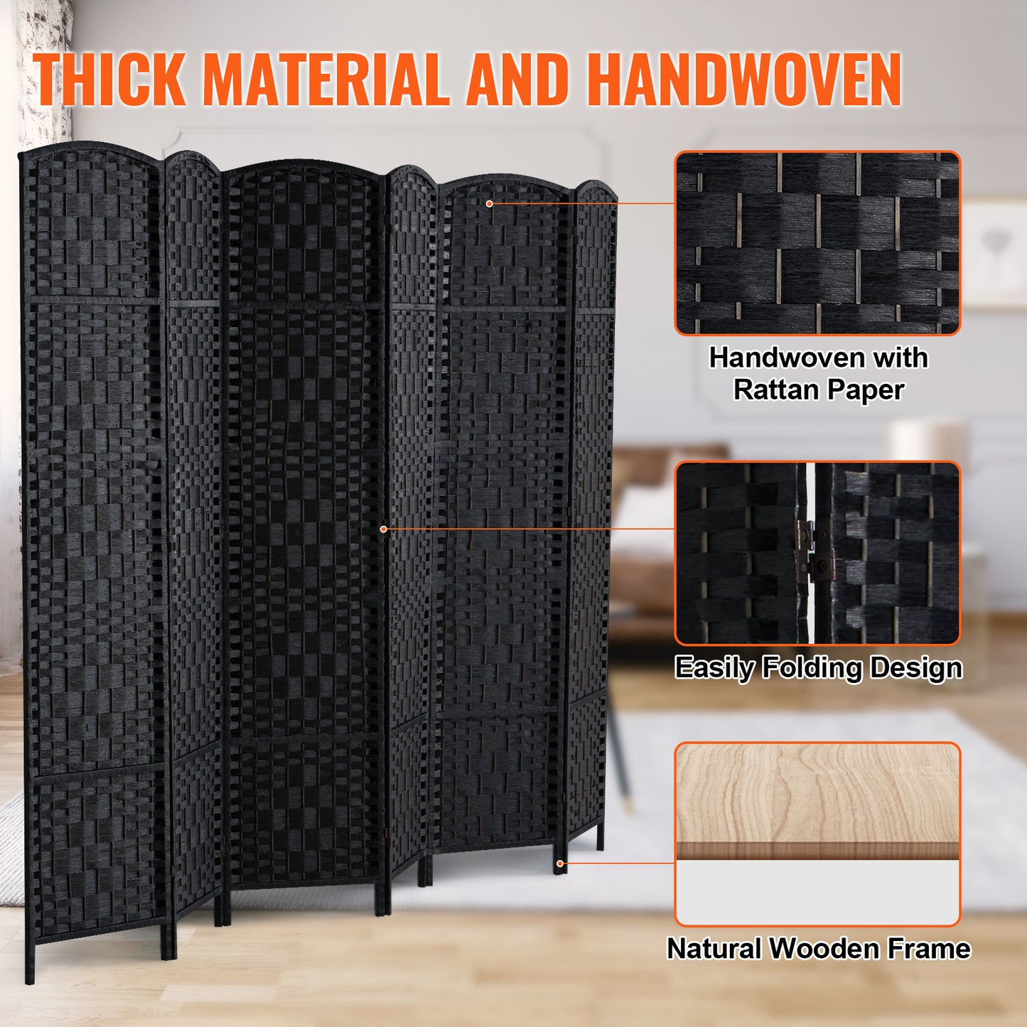 Kamerverdeler – Ruimteverdeler – Scheidingswand – Privacy Scherm – 6 Panelen – Paulownia Hout – Handgeweven Rattan – 360° Draaibaar – Zwart