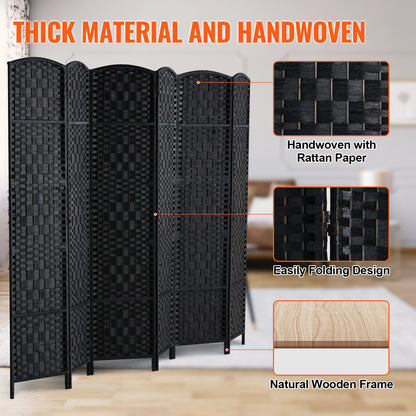 Kamerverdeler – Ruimteverdeler – Scheidingswand – Privacy Scherm – 6 Panelen – Paulownia Hout – Handgeweven Rattan – 360° Draaibaar – Zwart