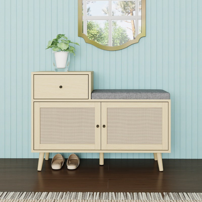 Schoenenbank – Schoenenkast – Halbank – Schoenopberger – Opbergmeubel – Rattan Geweven Deuren – Geïntegreerde Opberglade – Bekleed Zitoppervlak – Metaal Met Houtlook – 90x35x65 cm