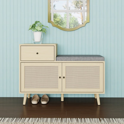 Schoenenbank – Schoenenkast – Halbank – Schoenopberger – Opbergmeubel – Rattan Geweven Deuren – Geïntegreerde Opberglade – Bekleed Zitoppervlak – Metaal Met Houtlook – 90x35x65 cm