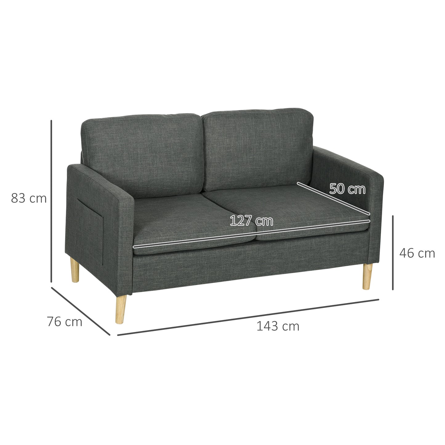 Bankstel – 2-Zitsbank – Zitbank – Sofa – Loveseat – Scandinavisch Design – Grijze Linnenlook Stof – Met Opbergvakjes Armleuningen – Massief Beukenhouten Poten