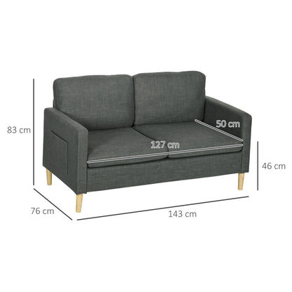 Bankstel – 2-Zitsbank – Zitbank – Sofa – Loveseat – Scandinavisch Design – Grijze Linnenlook Stof – Met Opbergvakjes Armleuningen – Massief Beukenhouten Poten