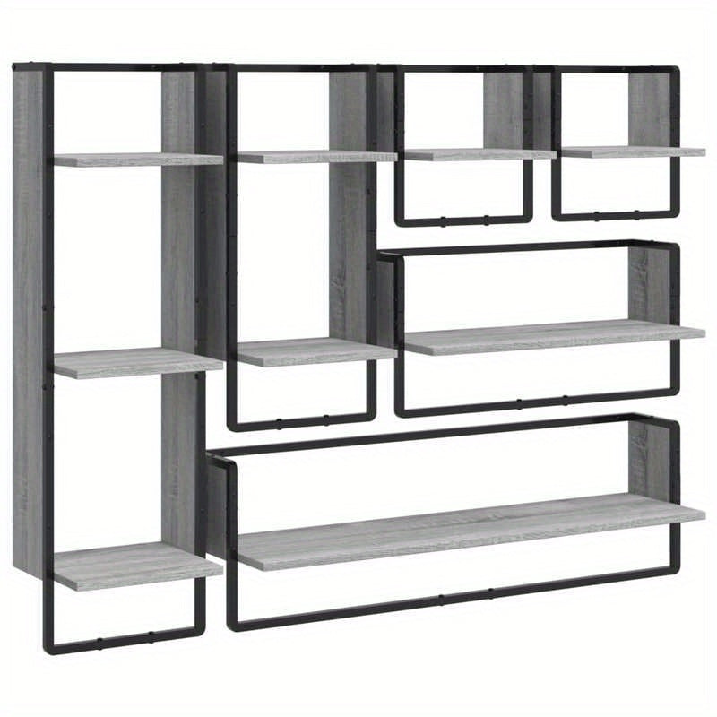 6pcs Wall Shelf Set with Rods, Treated Wood in Gray Sonoma Finish