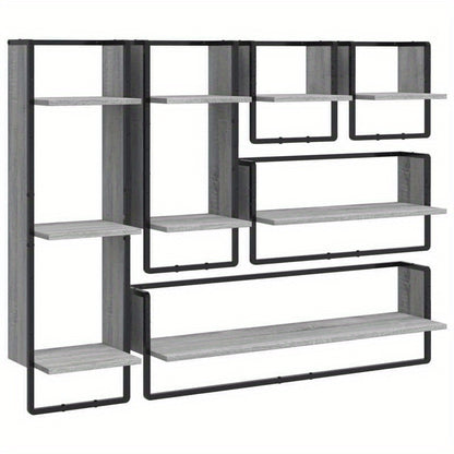 6pcs Wall Shelf Set with Rods, Treated Wood in Gray Sonoma Finish