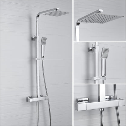 Thermostatische Doucheset – Regendouche – Handdouche – Douchepaneel – Badkamerkraan – Antiek Messing – Verstelbare Hoogte 70-120 cm – 8 Inch Regendouchekop