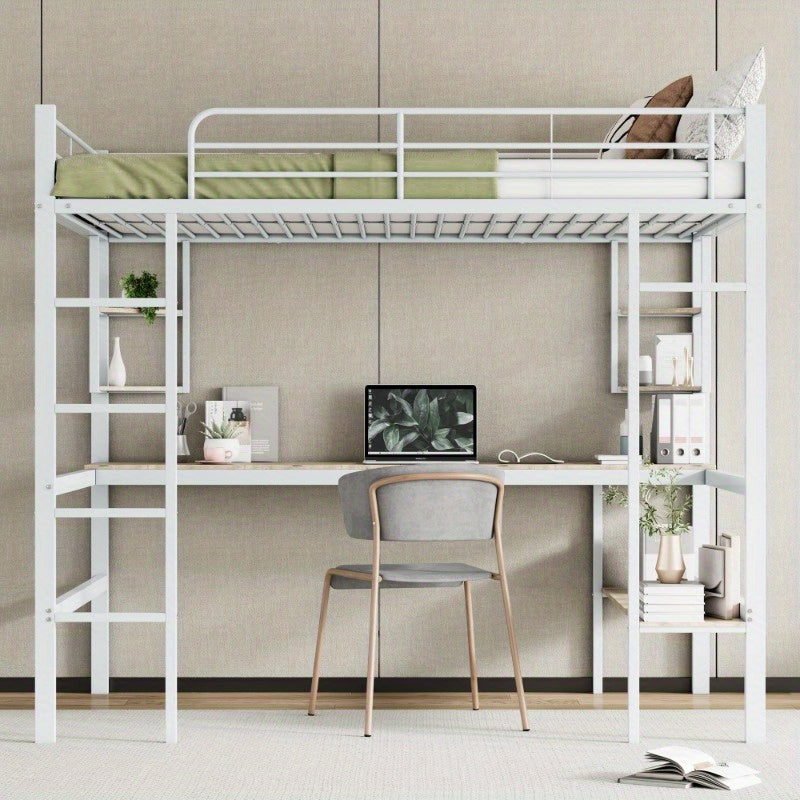 Hoogslaper 140x200 – Stalen Bedframe – Metaalbed – Kinderbed – Tienerbed – Wit Frame – Ingebouwd Bureau & Grote Boekenkast – 4 Kleine Plankjes