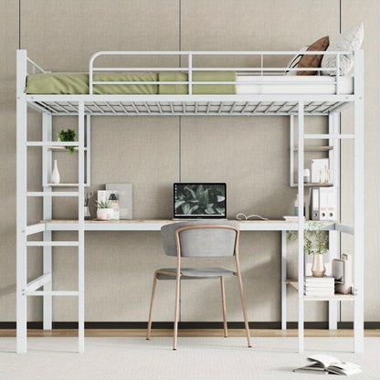 Hoogslaper 140x200 – Stalen Bedframe – Metaalbed – Kinderbed – Tienerbed – Wit Frame – Ingebouwd Bureau & Grote Boekenkast – 4 Kleine Plankjes