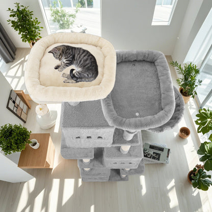 Krabpaal – Kattenboom – Krabmeubel – Kattenhuis – Kattentoren – 193 cm Hoog – Moderne Lichtgrijs – 7 Niveaus – Sisal Krabpalen – 2 Uitkijkplatforms – 3 Holletjes – 2 Wasbare Kussens