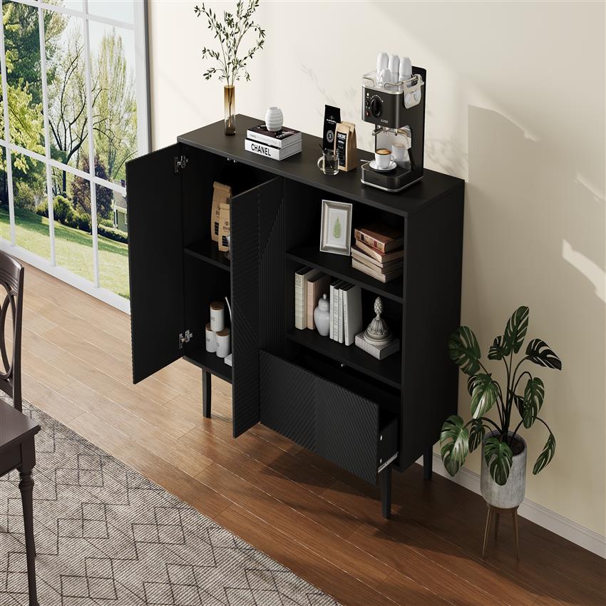 Dressoir – Opbergkast – Buffettafel – TV-meubel – Kast – Mat Zwart – Geometrisch Reliëf – 125x40x86 cm – Stevige Spaanplaat</s>
