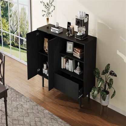 Dressoir – Opbergkast – Buffettafel – TV-meubel – Kast – Mat Zwart – Geometrisch Reliëf – 125x40x86 cm – Stevige Spaanplaat</s>