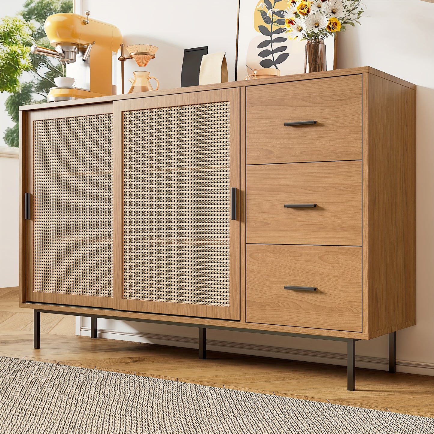 Rustic Modern Metal with 2 Sliding Doors & 3 Drawers - Adjustable Shelves, Freestanding/Dining Room Sideboard, Space-Saving Design (140x91x37cm) - No-Wood Furniture in Neutral Tones for Apartments, Farmhouse, or Contemporary