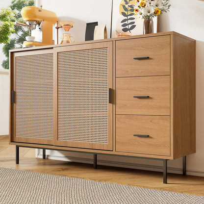 Rustic Modern Metal with 2 Sliding Doors & 3 Drawers - Adjustable Shelves, Freestanding/Dining Room Sideboard, Space-Saving Design (140x91x37cm) - No-Wood Furniture in Neutral Tones for Apartments, Farmhouse, or Contemporary
