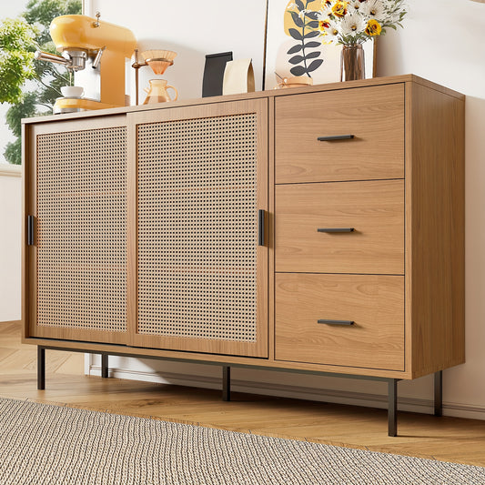 Rustic Modern Metal with 2 Sliding Doors & 3 Drawers - Adjustable Shelves, Freestanding/Dining Room Sideboard, Space-Saving Design (140x91x37cm) - No-Wood Furniture in Neutral Tones for Apartments, Farmhouse, or Contemporary
